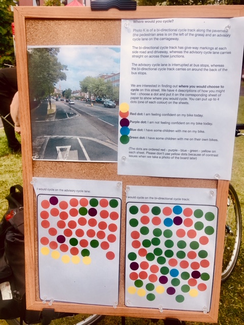 This photo shows the setup of the board that we used to ask people's opinions about the photo of the two types of cycle infrastructure.