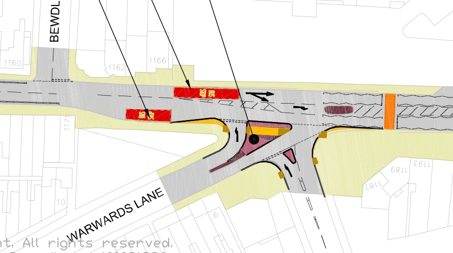 A plan of the initial proposals for the Warwards Lane Pershore Road junction.