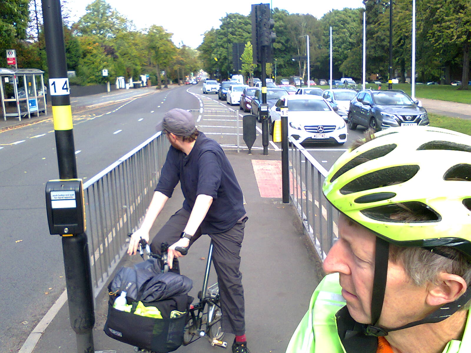 Staggered toucan crossing on Bristol Road joining the A38 cycle track with the spur to Cannon Hill Park.
