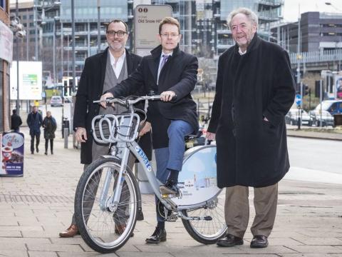 Left to right: Julian Scriven, Andy Street and cllr Roger Lawrence unveil the new cycle share scheme for the West Midlands