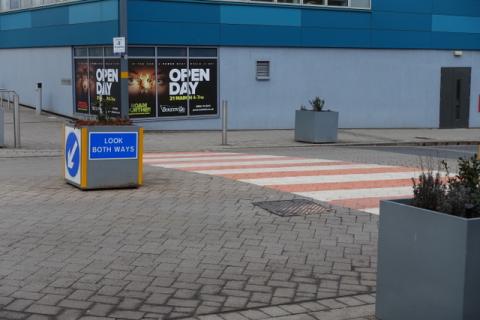 Pink Shared Space zebra crossing in Longbridge