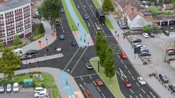 Birmingham City Council, 2025, https://www.birminghambeheard.org.uk/bcc/a38-cycle-route/ A visualisation of the Great Stone Road junction with Bristol Road showing a new cycle track.